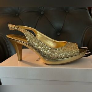 Nine West Gold Glitter Peep-Toe Heels